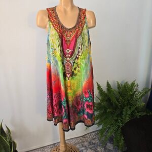 Rima Womens Beachworld Tunic OS Multi Color Crystal Animal Print Boho Resortwear